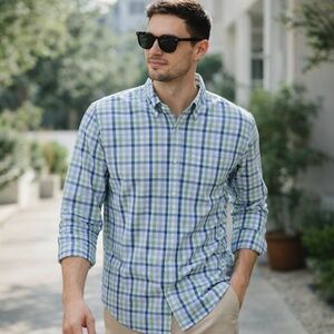 Club Room Plaid Button Down Shirt Cotton Blue Green Regular Fit